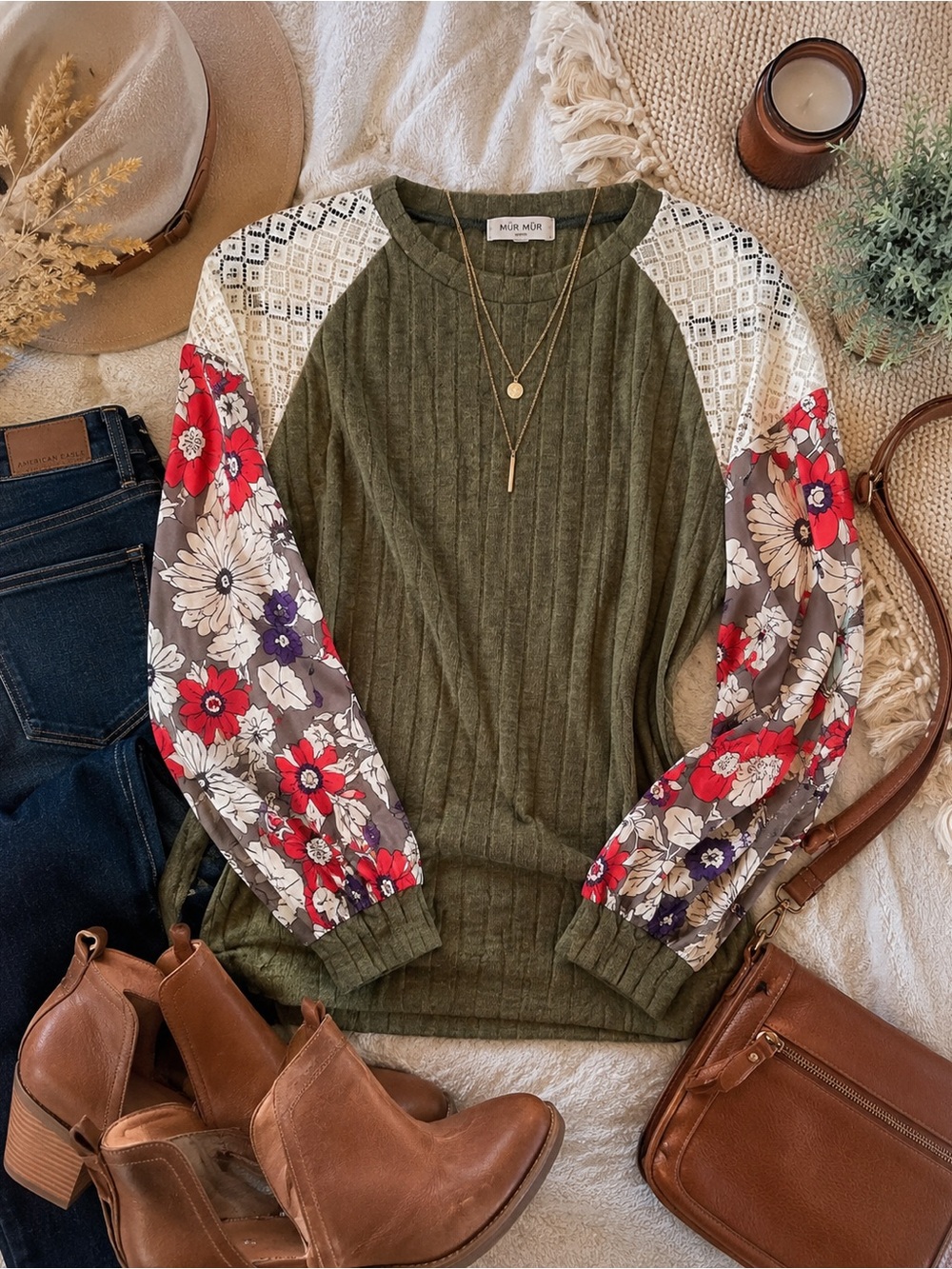 Boho Floral Sleeve Knit Top Medium Olive Ribbed Cottagecore Boutique Blouse